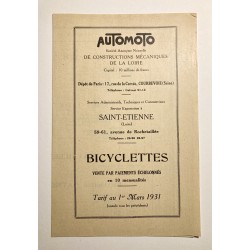 1931 - Tarif des Cycles...