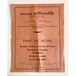 1938 - tarif Cycles Automoto
