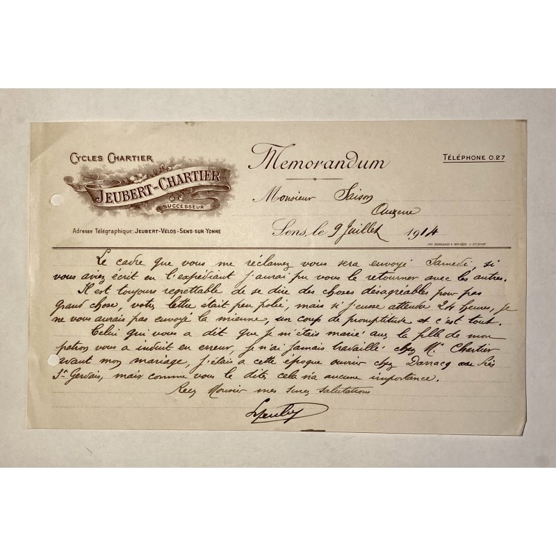 Cycles Chartier (Jeubert Chartier successeur) à Sens (Yonne) - lettre à entête du 9 juillet 1914