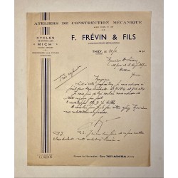 Cycles Mich (F. Frévin & fils) à Thizy (Yonne) - lettre à entête du 25 novembre 1941