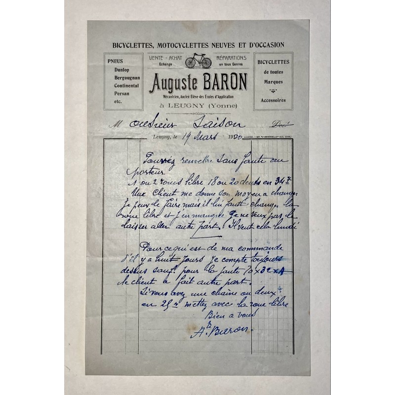 Auguste Baron à Leugny (Yonne) - Lettre à entête du 14 mars 1920