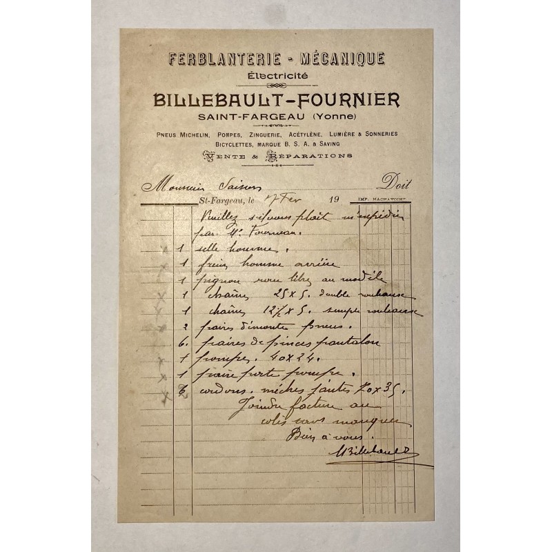 Billebault-Fournier à Saint Fargeau (Yonne) - Lettre à entête du 17 février 19??