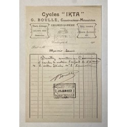 Cycles IKTA (Gilbert Boullé) à Coullanges-la-vineuse (Yonne) - Lettre à entête du 29 juin 1922