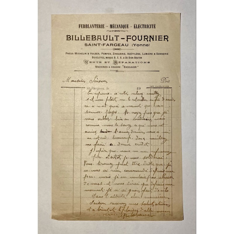 Billebault-Fournier à Saint Fargeau (Yonne) - Lettre à entête non datée