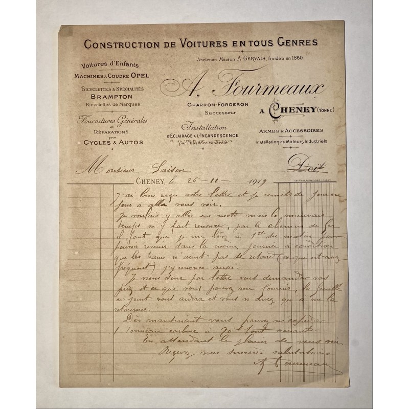 A. Fourmeaux successeur (ancienne maison A.Gervais) à Cheney (Yonne) - Lettre à entête du 26 novembre 1919