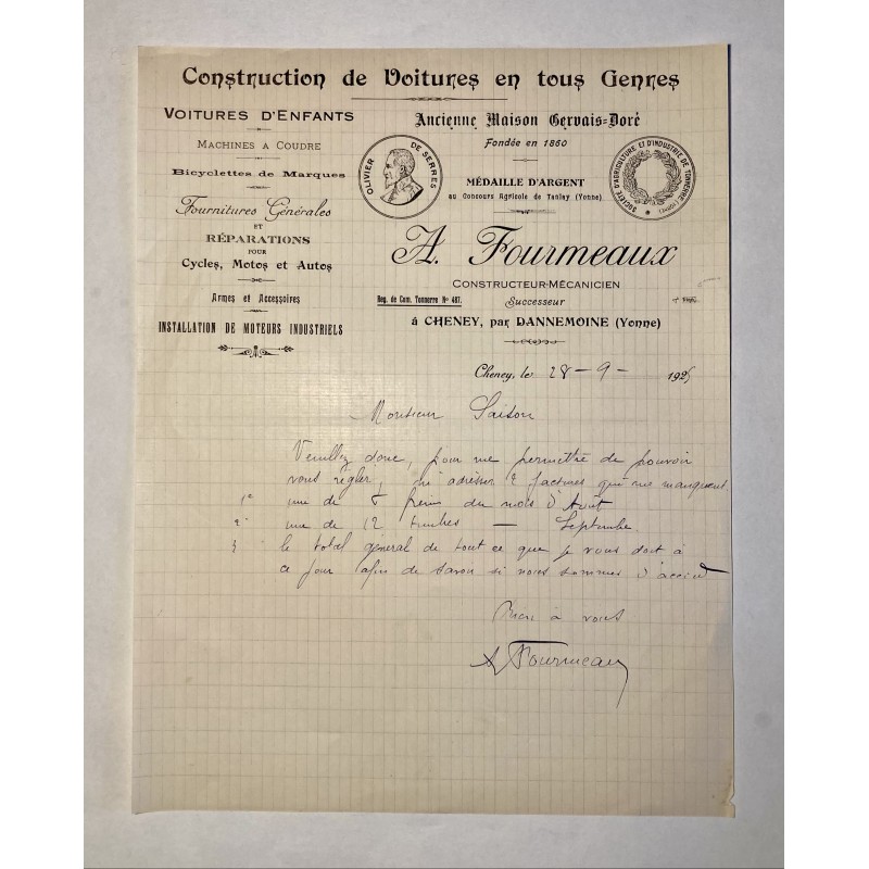 A. Fourmeaux successeur (ancienne maison Gervais-Doré) à Cheney (Yonne) - Lettre à entête du 28 septembre 1925