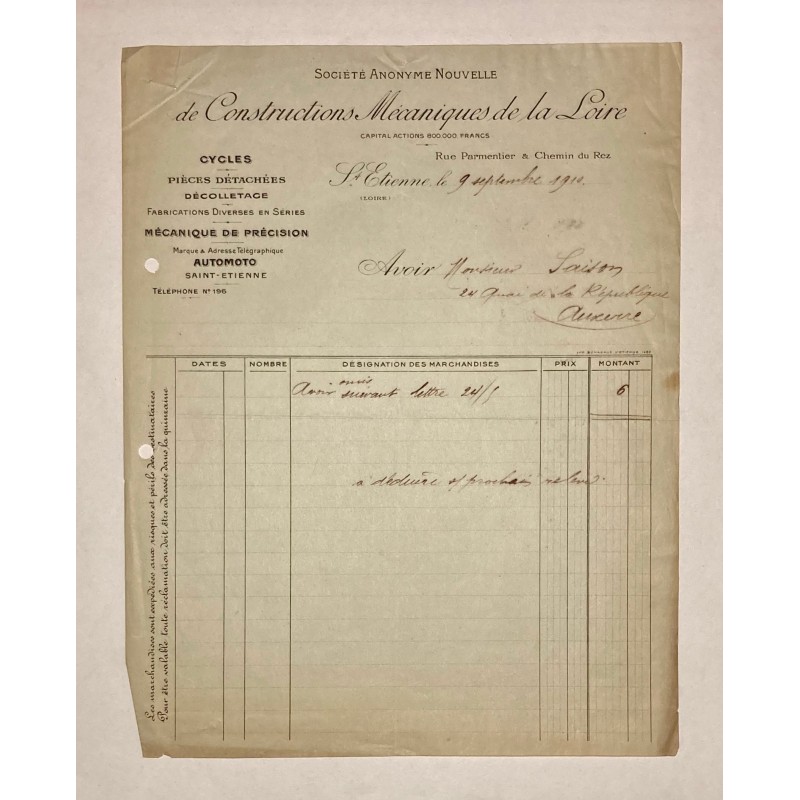 Constructions Mécaniques de la Loire (Automoto) à Saint-Etienne - Lettre à entête du 9 septembre 1910