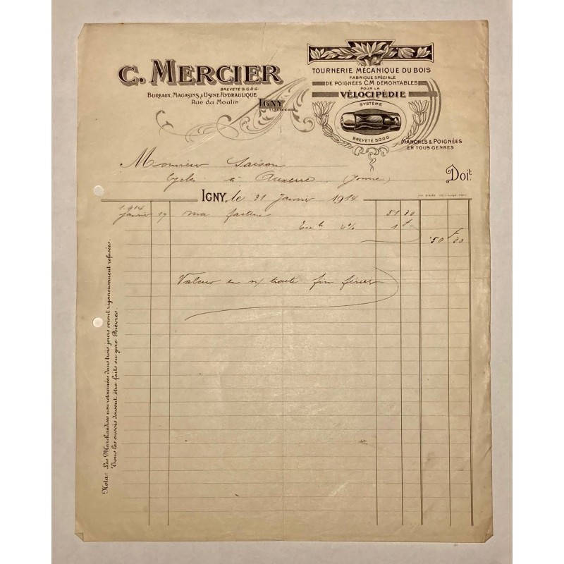 C. Mercier à Igny (Seine& Oise) - Lettre à entête du 31 janvier 1914