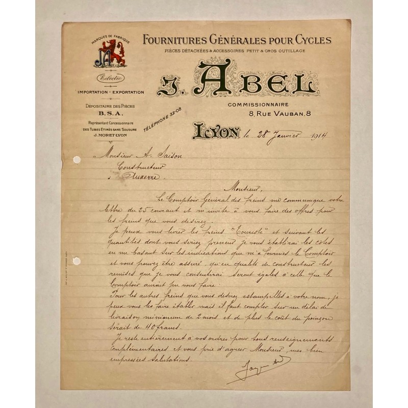 J. Abel à Lyon (Rhône) - Lettre à entête du 28 janvier 1914
