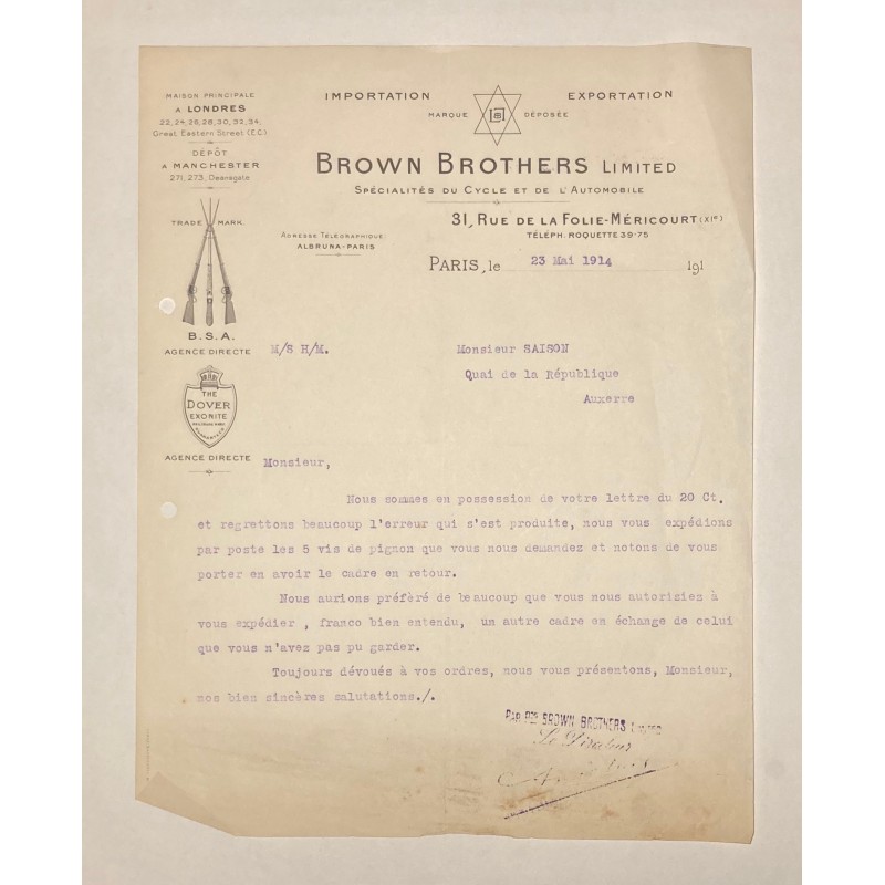 Brown Brothers à Paris (Seine) - Lettre à entête du 23 mai 1914