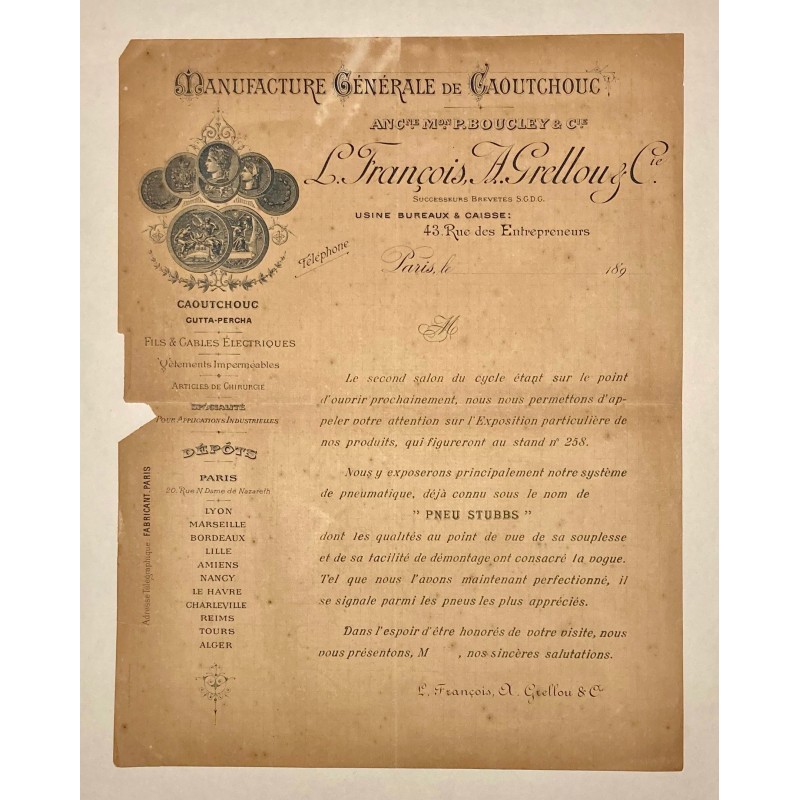1892 - Feuillet pour les pneus Stubbs (L. François, A. Grellou & Cie) à Paris (Seine)