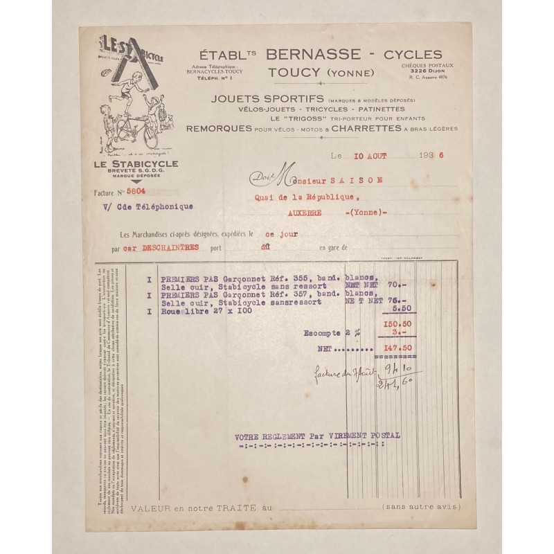 Cycles Bernasse à Toucy (Yonne) - Lettre à entête du 10 août 1936