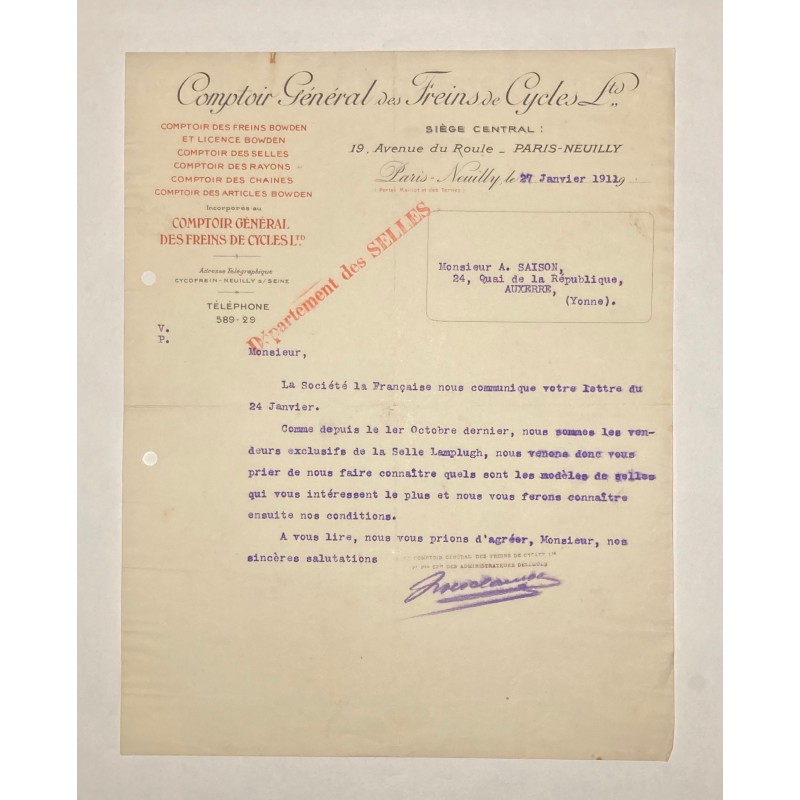 Comptoir Général des Freins de Cycles Limited à Paris-Neuilly (Seine) - Lettre à entête du 27 janvier 1911