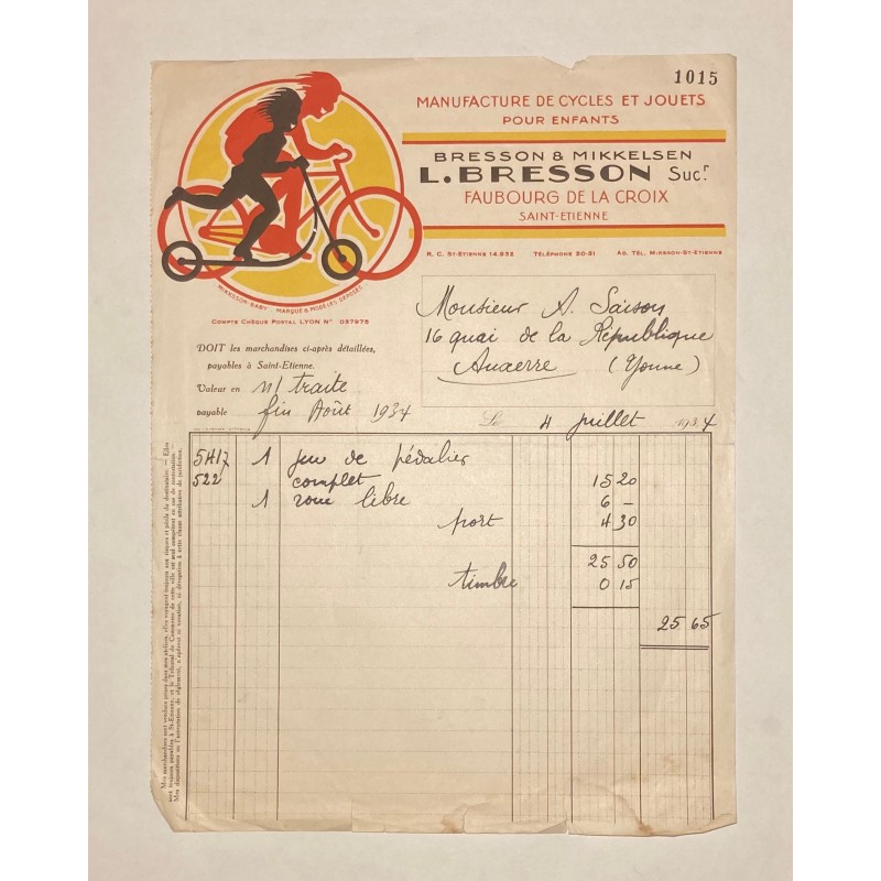 L. Bresson successeur (ancienne maison Bresson et Mikkelsen) à Saint-Etienne (Loire) - Lettre à entête du 4 juillet 1934