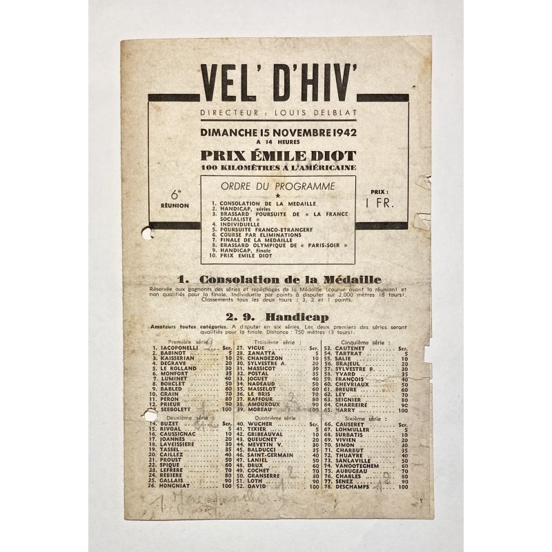 1942 - Vel' d'Hiv' - Programme du 15 novembre 1942