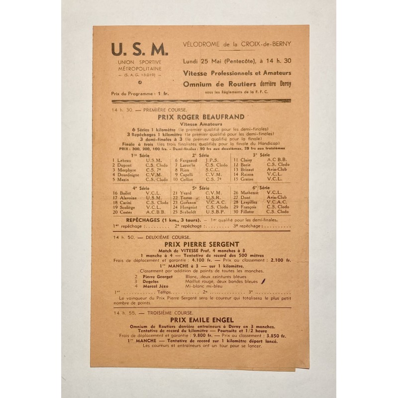 1942 - Velodrome de la Croix-de-Berny - Programme du 25 mai 1942