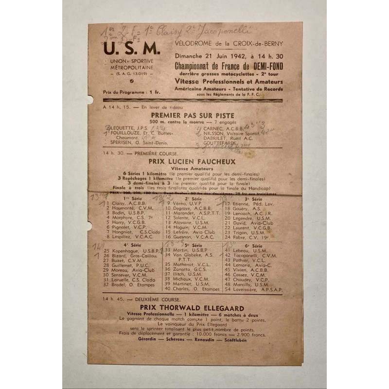 1942 - Velodrome de la Croix-de-Berny - Programme du 21 juin 1942