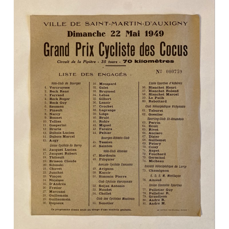 1949 - Grand Prix Cyclistes des Cocus du dimanche 22 mai 1949