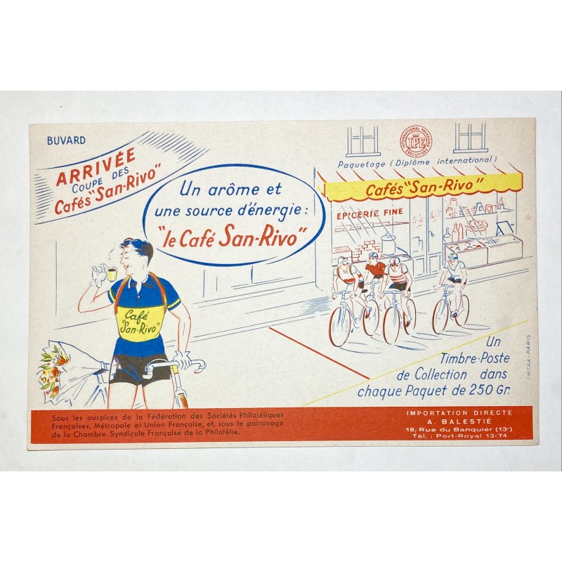 Buvard café San Rivo illustré de l'arrivée d'une course cycliste