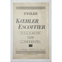 1937 - Tarif cycles Koehler Escoffier à Mâcon ( Saône-et-Loire )