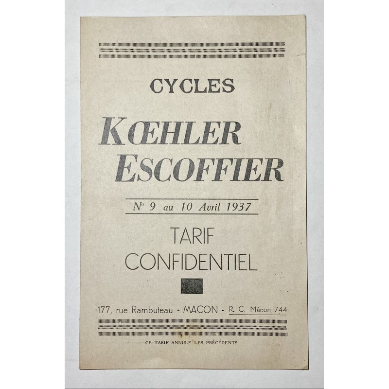 1937 - Tarif cycles Koehler Escoffier à Mâcon ( Saône-et-Loire )