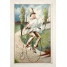 1890 (circa) - 2 chromos contant les mésaventures d'un bicycliste lisant son journal
