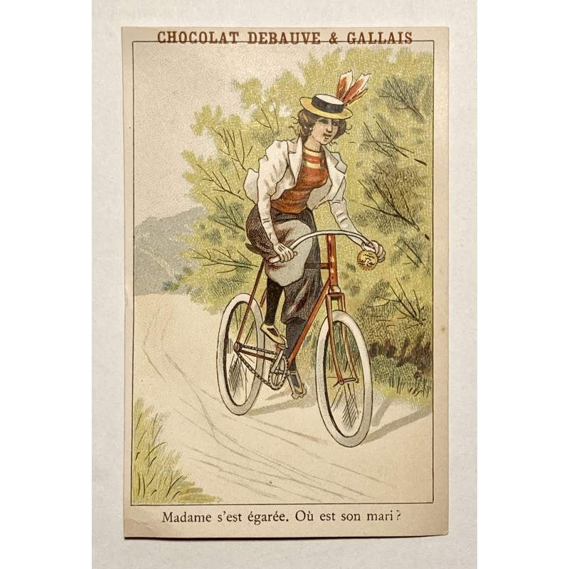 1900 (circa) - chromo devinette avec une belle cycliste - Chocolat Debauve et Gallais à Paris