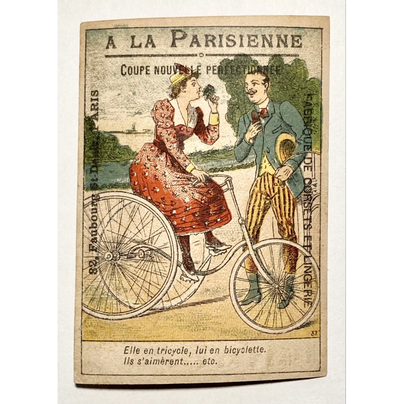 1890 (circa) - série de 4 chromos publicitaires thème cycliste (dont humour)  - A la parisienne (Paris)