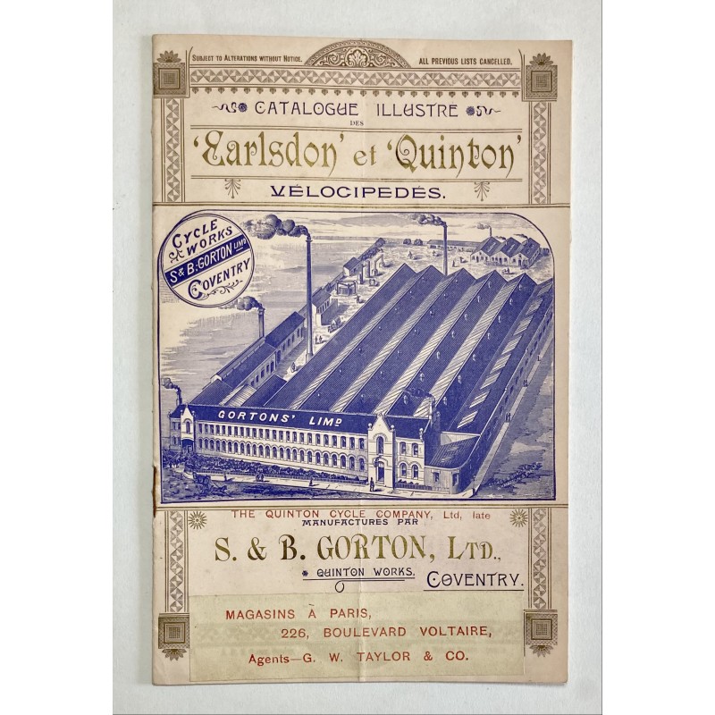 1891 - catalogue des vélocipèdes Gorton "Earlsdon" et "Quinton" à Coventry (Angleterre) - Agent à Paris
