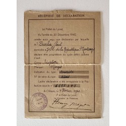 1941 - Récépissé de déclaration d'une bicyclette - Loiret  (6 exemplaires différents)