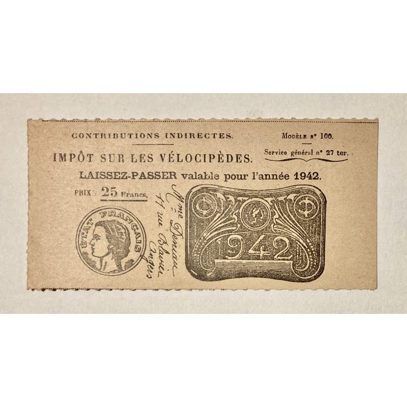 1942 - Impôt sur les vélocipèdes: Laisser-passer pour l'année 1942