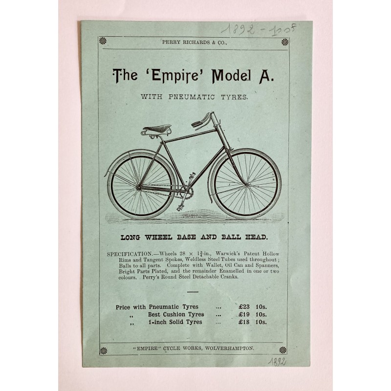 1892 - feuillet pour les cycles Empire (Perry Richards & Co) à Wolverhampton (Angleterre)