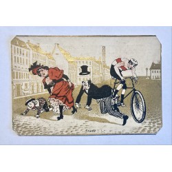 1900 (circa) - 3 chromolithographies publicitaires thème Cycliste (maison de confection "Aux deux nègres")