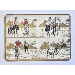 1900 (circa) - 3 chromolithographies publicitaires thème Cycliste (maison de confection "Aux deux nègres")