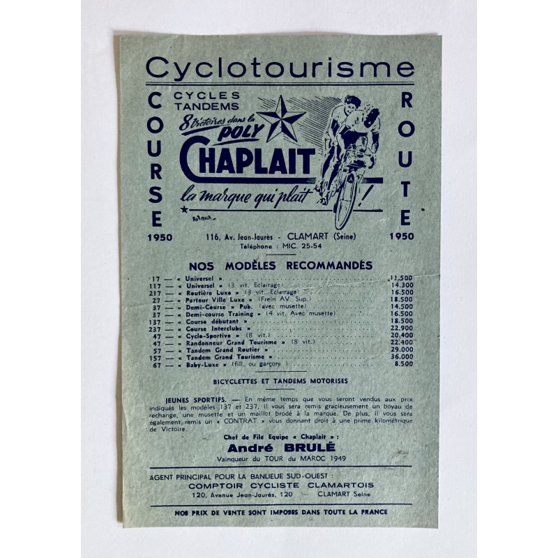 1950 - Feuillet tarif Cycles Chaplait à Clamart (Seine) - avec publicité pour la Pédale SECAM type Piel au dos