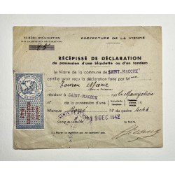 1942 - Récépissé de déclaration d'une bicyclette - Vienne