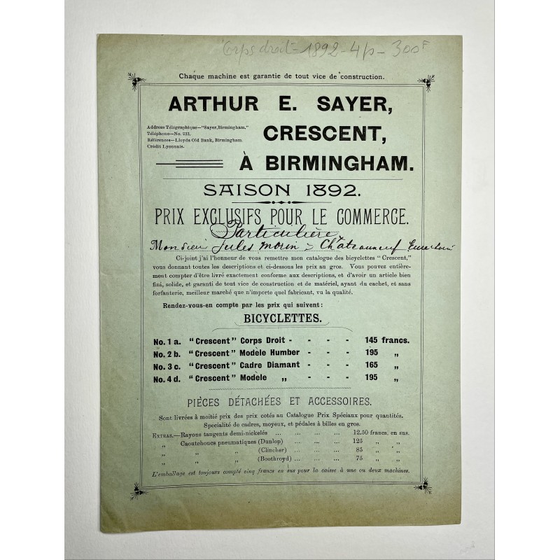 1892 - catalogue des cycles Crescent à Birmingham (angleterre) représentés par Arthur E. Sayer