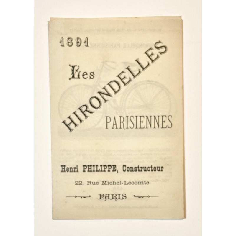 1891 - dépliant Cycles Les Hirondelles parisiennes - Henri Philippe, constructeur à Paris