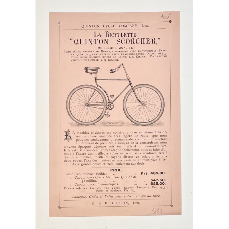 1891 - Feuillet sur la bicyclette Quinton Scorcher - Quinton Cycle Company Ltd à Coventry (Angleterre)