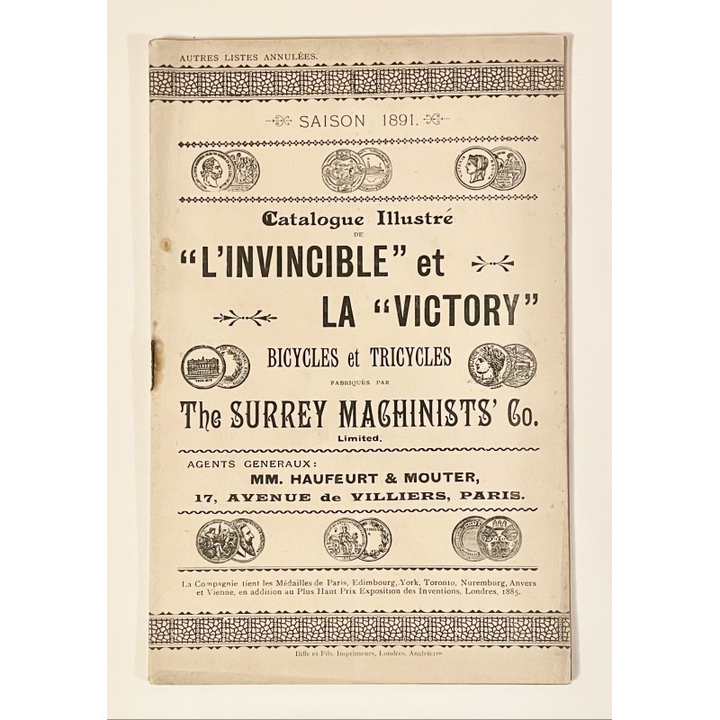 1891 - catalogue des Cycles L'Invincible et La Victory - The Surrey Machinists Co - Londres (Angleterre)