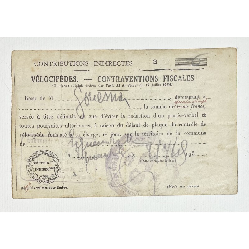 1945 - Amende pour défaut de plaque fiscale (modèle des années 30 mais utilisé en 1945)