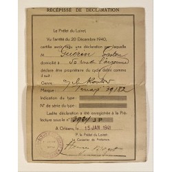 1941 - Récépissé de déclaration d'une bicyclette - Loiret  (6 exemplaires différents)