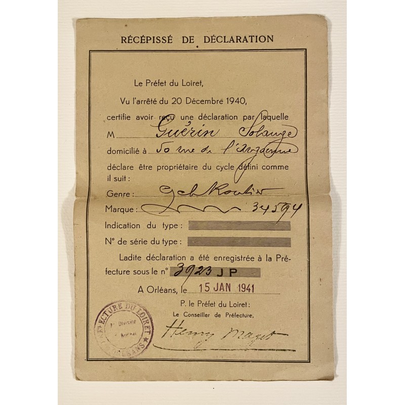 1941 - Récépissé de déclaration d'une bicyclette - Loiret  (6 exemplaires différents)