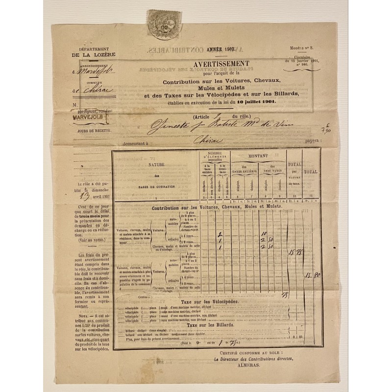 1902 - Avertissement pour l'acquit ... des taxes sur les vélocipèdes
