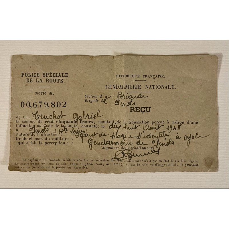 1948 - Contravention (procès-verbal) pour défaut de plaque d'identité à vélo le 18/08/1948 à Pinols (Haute Loire)