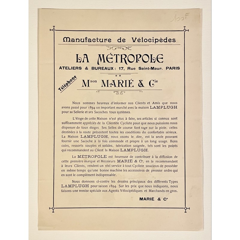 1894 - Feuillet selles et accessoires Lamplugh de Birmingham (Angleterre) - revendus par La Métropole à Paris (Marié & Cie)