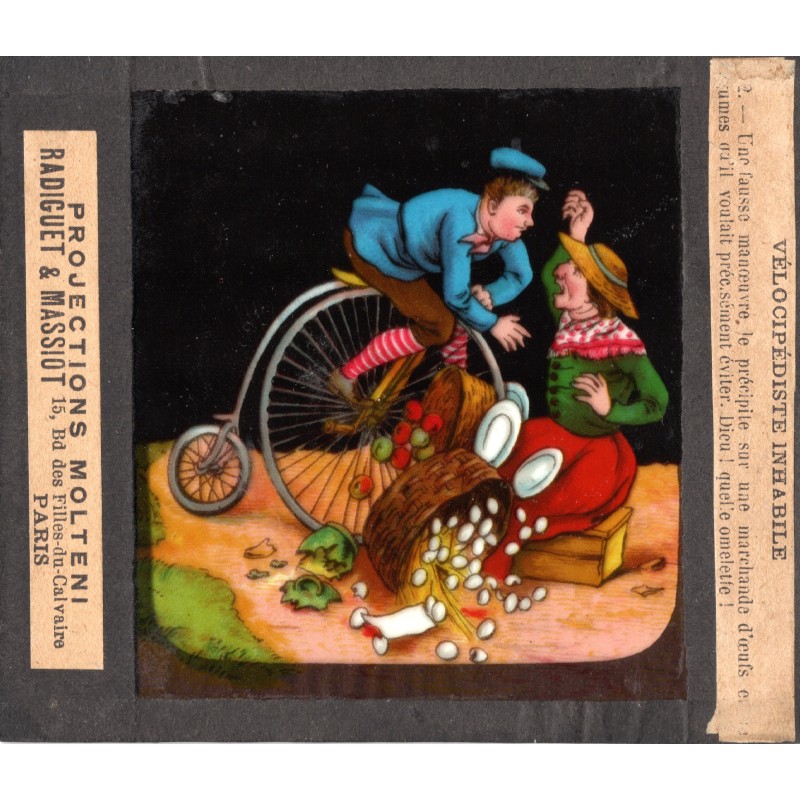 1890 (circa) - Serie de plaques de verre pour lanterne magique - Vélocipédiste inhabile