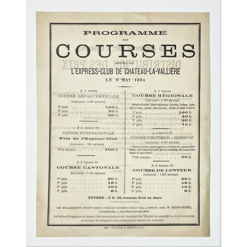 1894 - Programme des courses organisées par L'Express-Club de Chateau-la-Vallière (Indre et Loire) le 6 mai 1894
