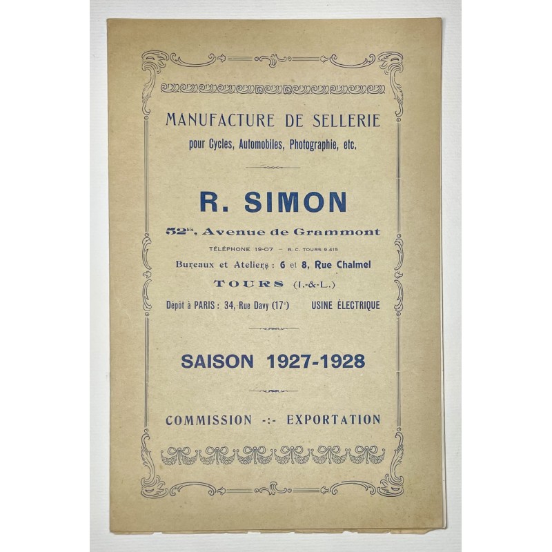 1927 - 1927 - catalogue R. Simon à Tours (Indre-et-Loire) - sacoches de cadre & courroies en cuir