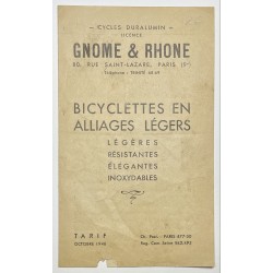 1946 - Tarif Cycles duralumin licence Gnôme & Rhône à Paris